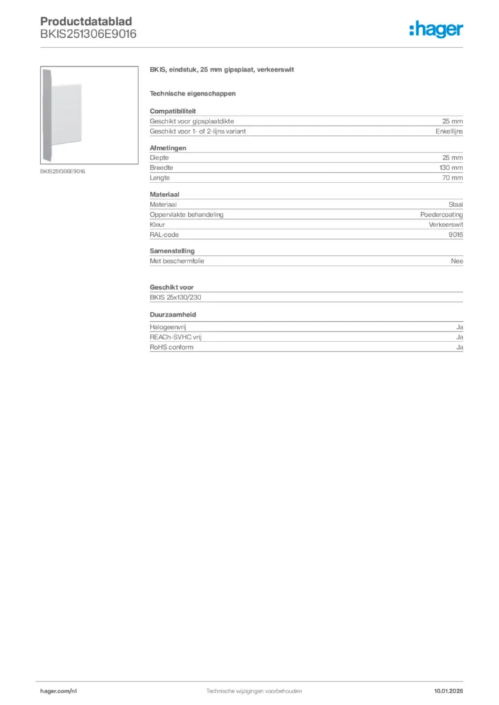 Afbeelding Hager Productdatablad BKIS251306E9016 | Hager Nederland