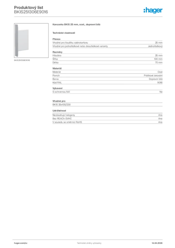 Obrázek Hager Product data sheet BKIS251306E9016 | Hager