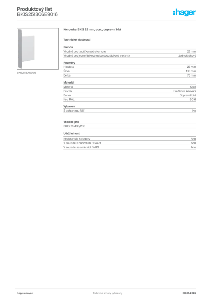 Obrázek Hager Produktový list BKIS251306E9016 | Hager