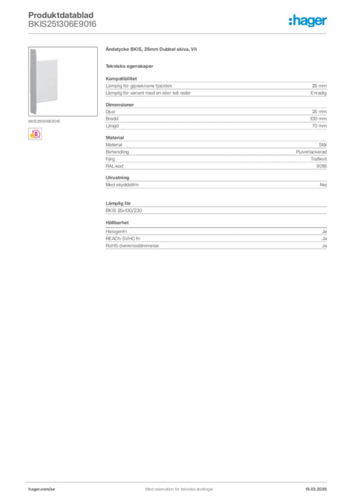 Bild Hager Produktdatablad BKIS251306E9016 | Hager Sverige