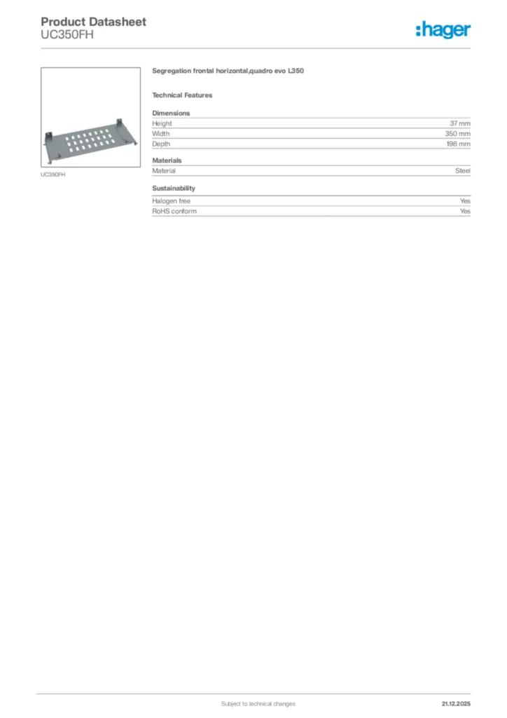 Image Hager Product data sheet UC350FH  | Hager Africa