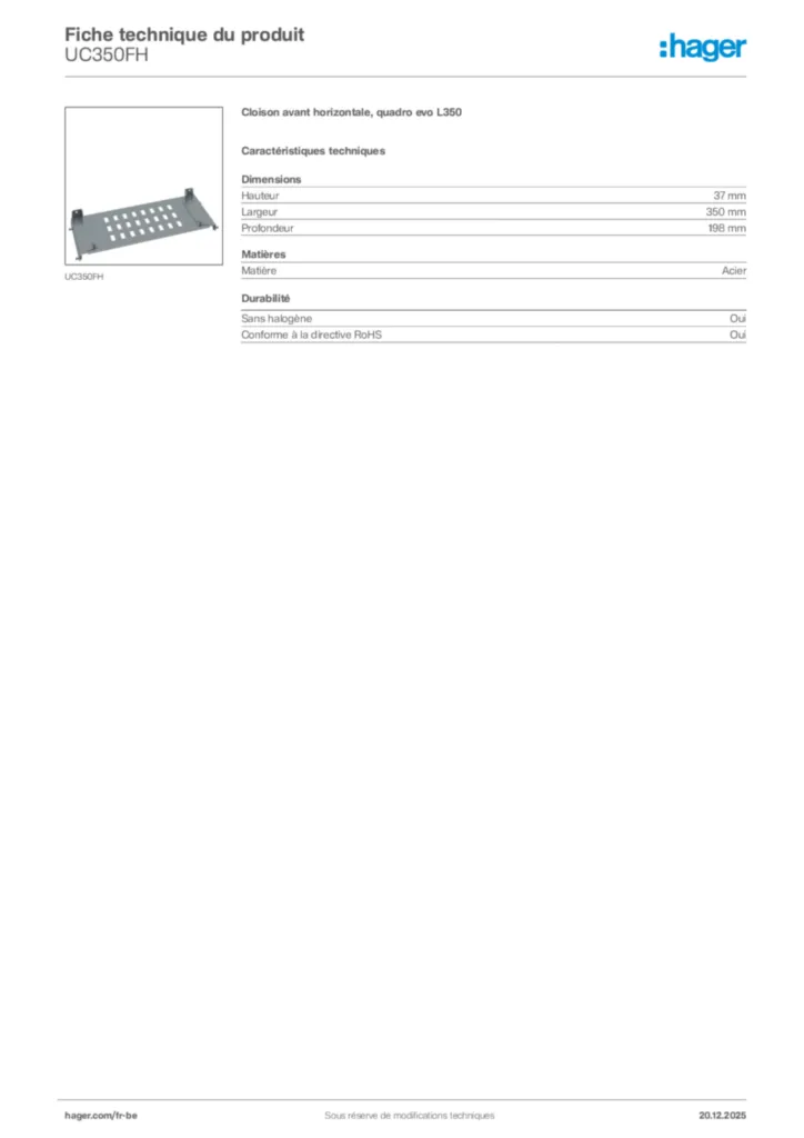 Image Hager Fiche technique du produit UC350FH | Hager Belgique