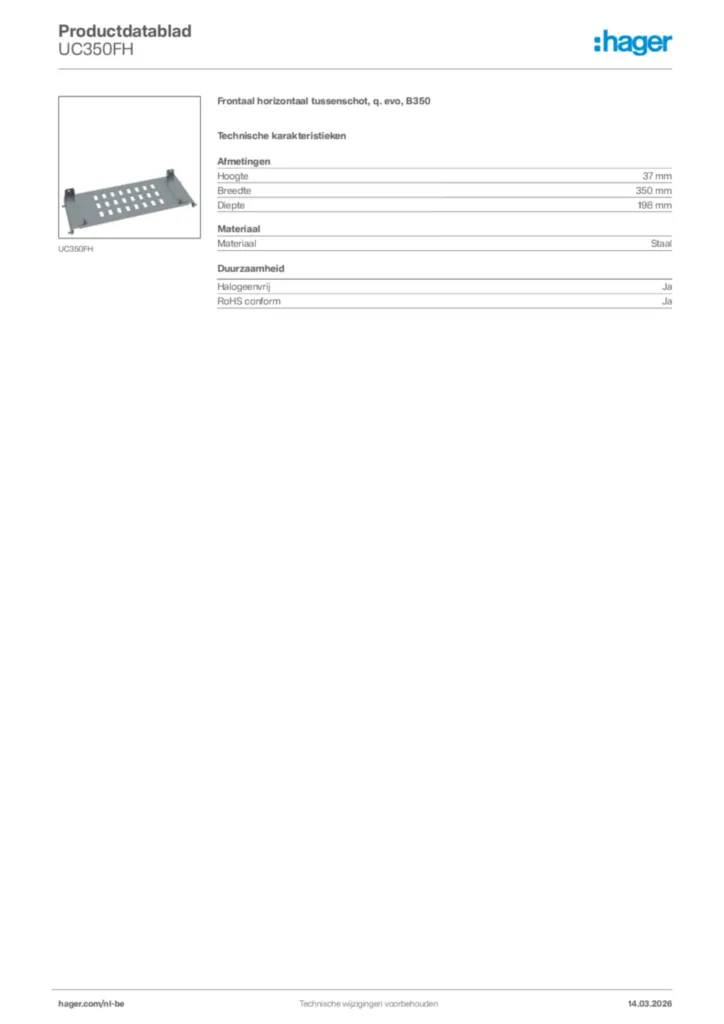 Afbeelding Hager Productdatablad UC350FH | Hager Belgium
