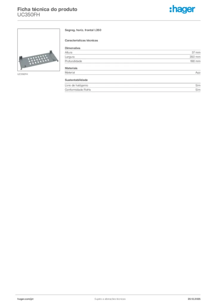 Imagem Hager Ficha técnica do produto UC350FH | Hager Portugal