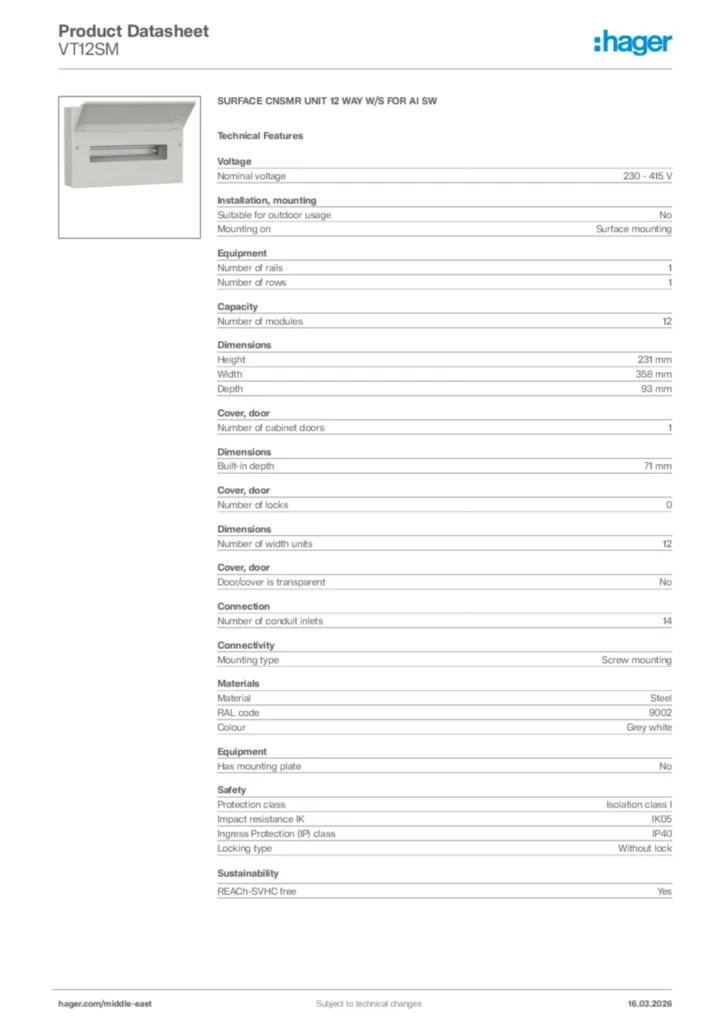 Image Hager Product data sheet VT12SM  | Hager