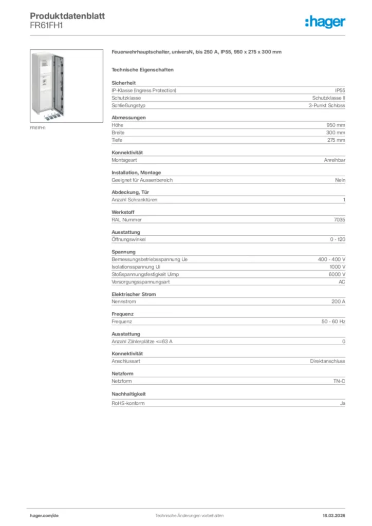 Bild Hager Produktdatenblatt FR61FH1 | Hager Deutschland