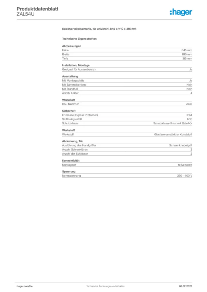 Bild Hager Produktdatenblatt ZAL54U | Hager Deutschland