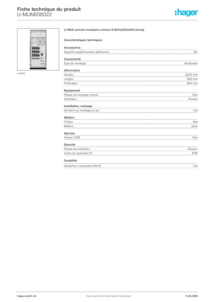 Image Hager Fiche technique du produit U-MUN608022 | Hager Suisse