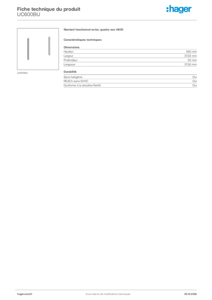 Image Hager Fiche technique du produit UC600BU | Hager France