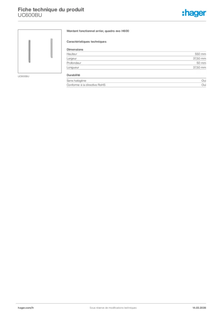 Image Hager Fiche technique du produit UC600BU | Hager France