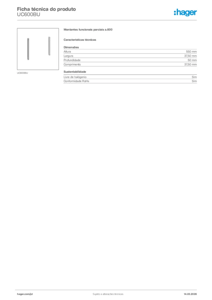Imagem Hager Ficha técnica do produto UC600BU | Hager Portugal