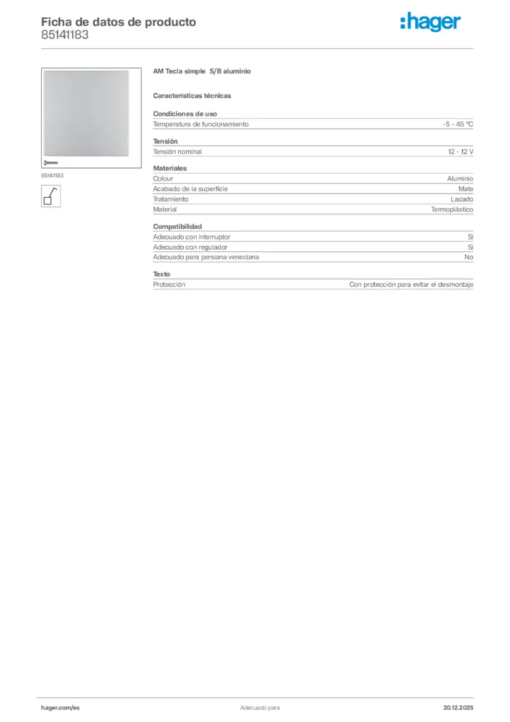 Imagen Hager Ficha de datos de producto 85141183 | Hager España