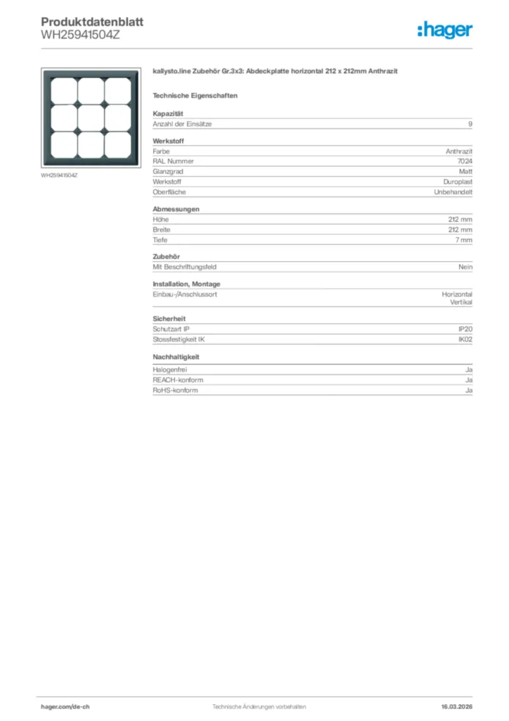 Bild Hager Produktdatenblatt WH25941504Z | Hager Schweiz
