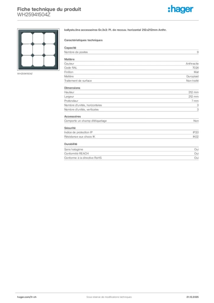 Image Hager Fiche technique du produit WH25941504Z | Hager Suisse