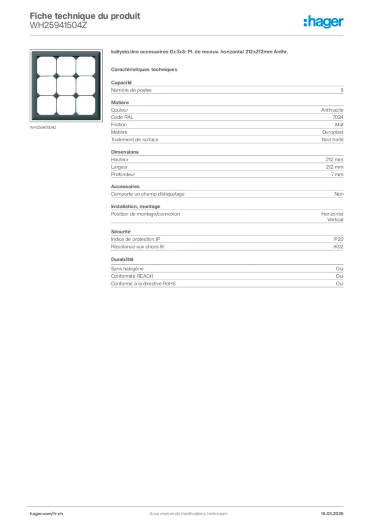 Image Hager Fiche technique du produit WH25941504Z | Hager Suisse