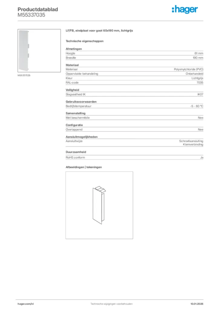 Afbeelding Hager Productdatablad M55337035 | Hager Nederland