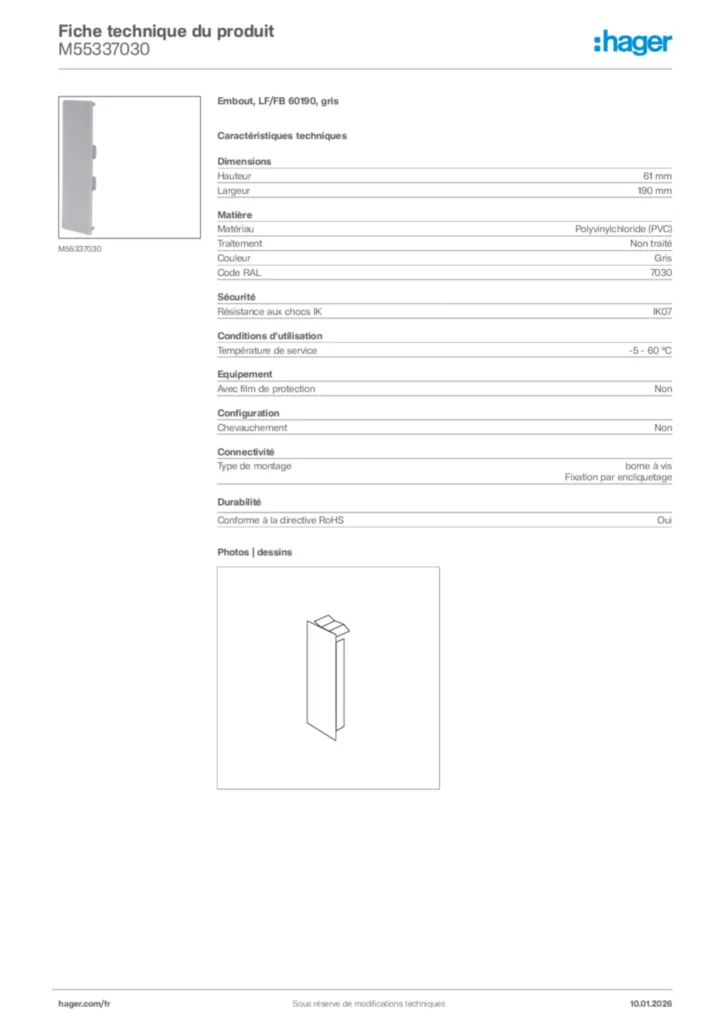 Image Hager Fiche technique du produit M55337030 | Hager France