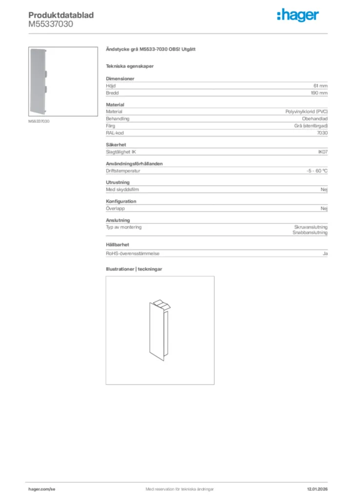 Bild Hager Produktdatablad M55337030 | Hager Sverige