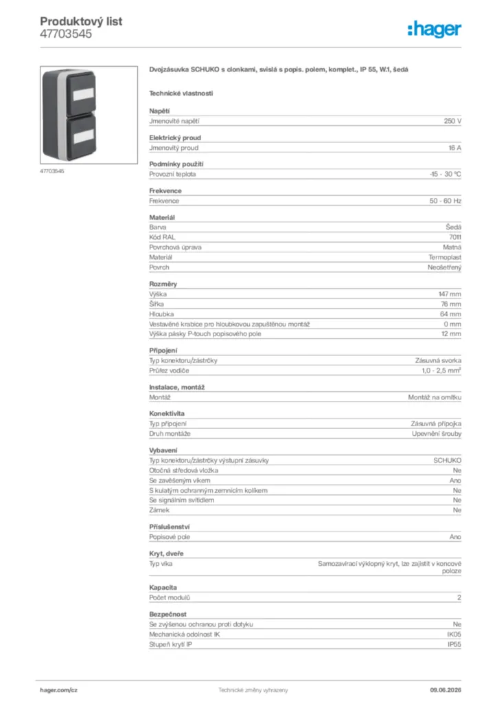 Obrázek Hager Product data sheet 47703545 | Hager