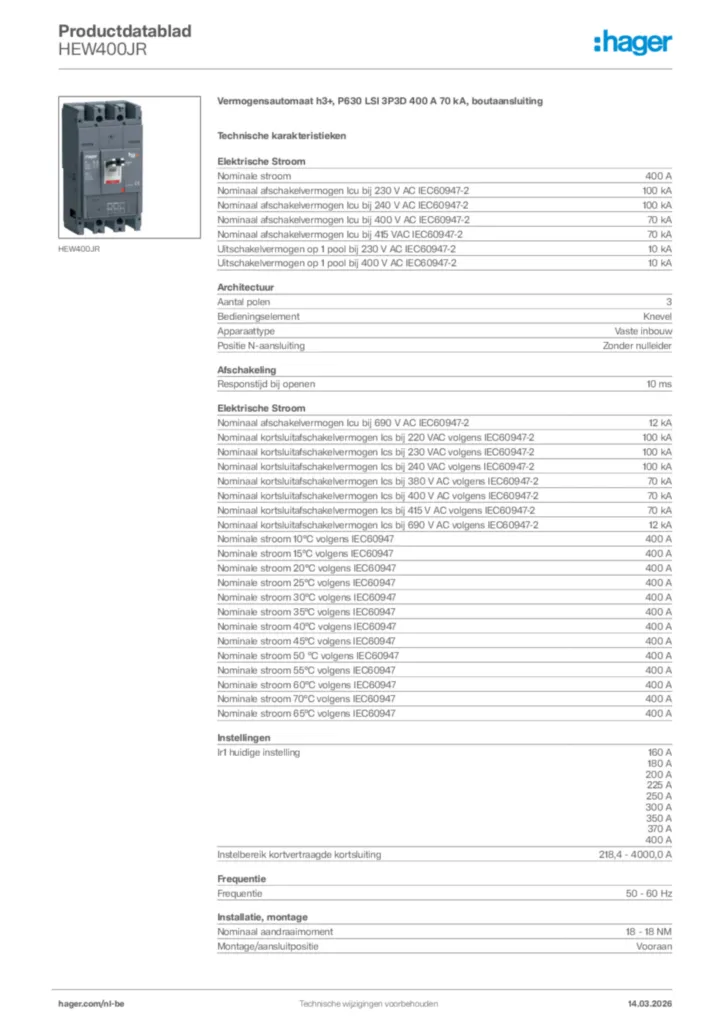 Afbeelding Hager Productdatablad HEW400JR | Hager Belgium
