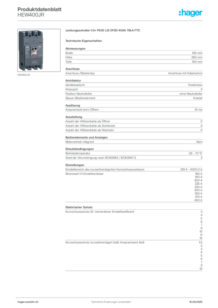 Bild Hager Produktdatenblatt HEW400JR | Hager Schweiz