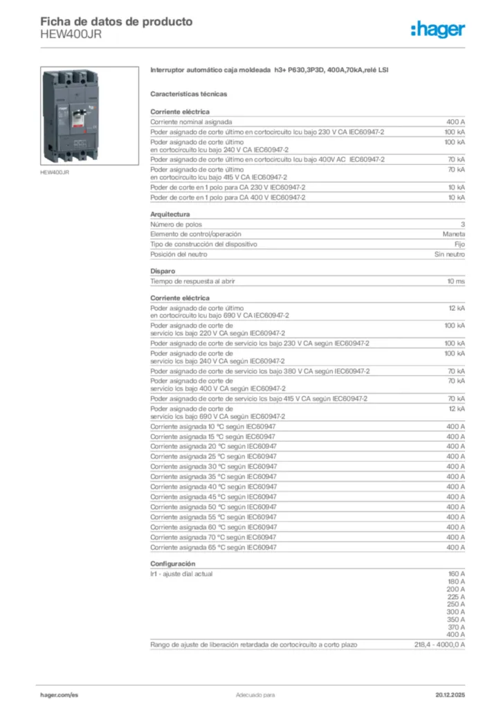 Imagen Hager Ficha de datos de producto HEW400JR | Hager España
