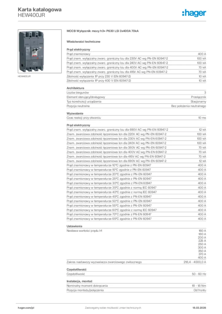 Zdjęcie Hager Karta katalogowa HEW400JR | Hager Polska