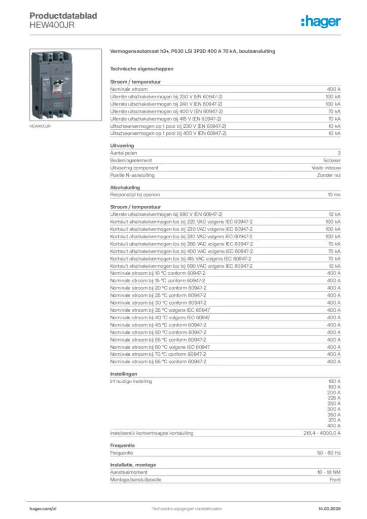 Afbeelding Hager Productdatablad HEW400JR | Hager Nederland