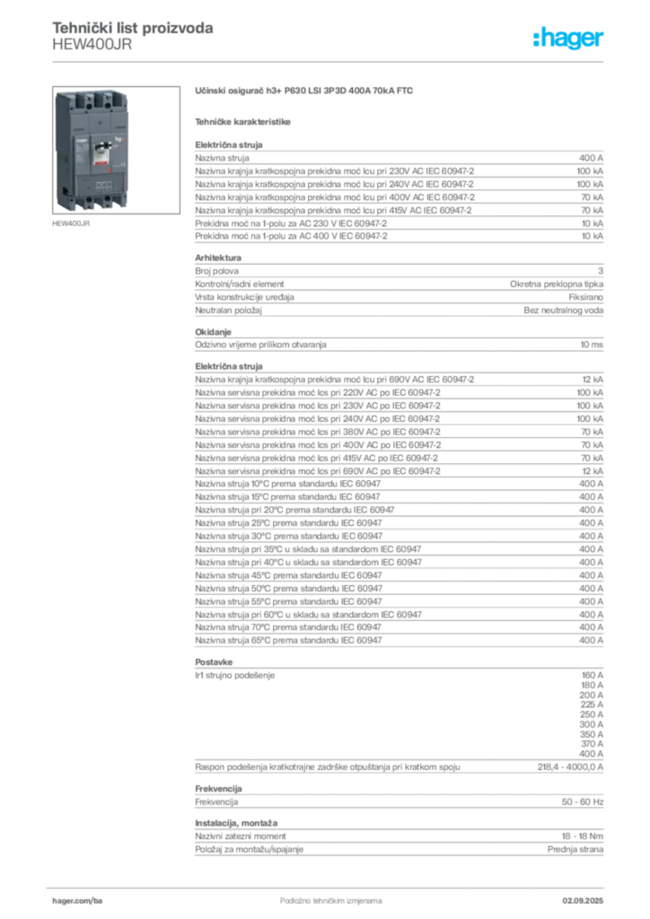 Slika Hager Tehnički list proizvoda HEW400JR  | Hager