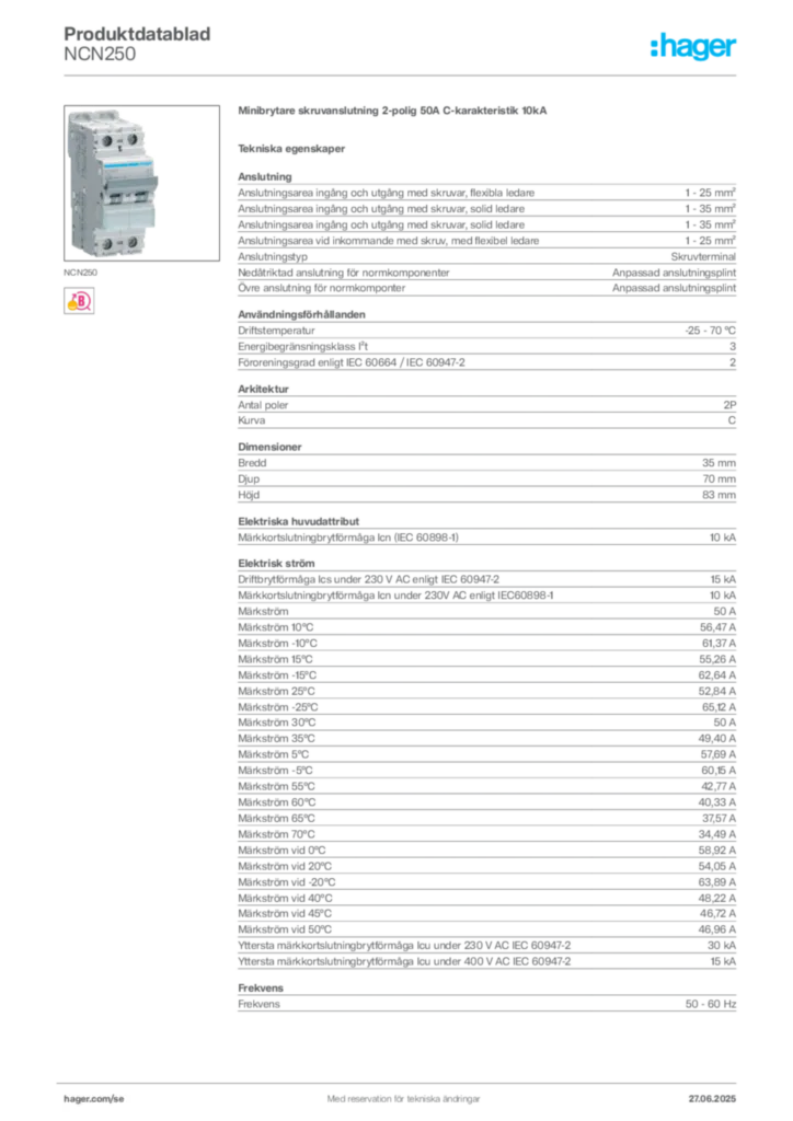 Bild Hager Produktdatablad NCN250 | Hager Sverige