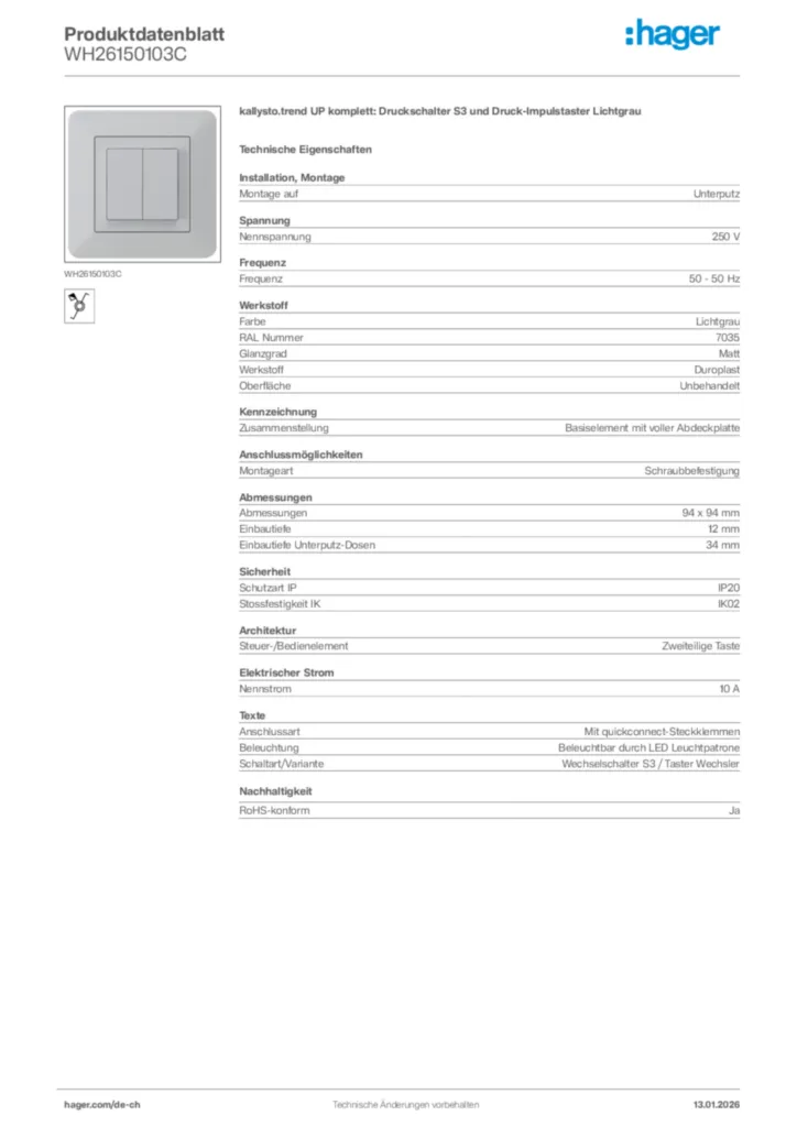 Bild Hager Produktdatenblatt WH26150103C | Hager Schweiz