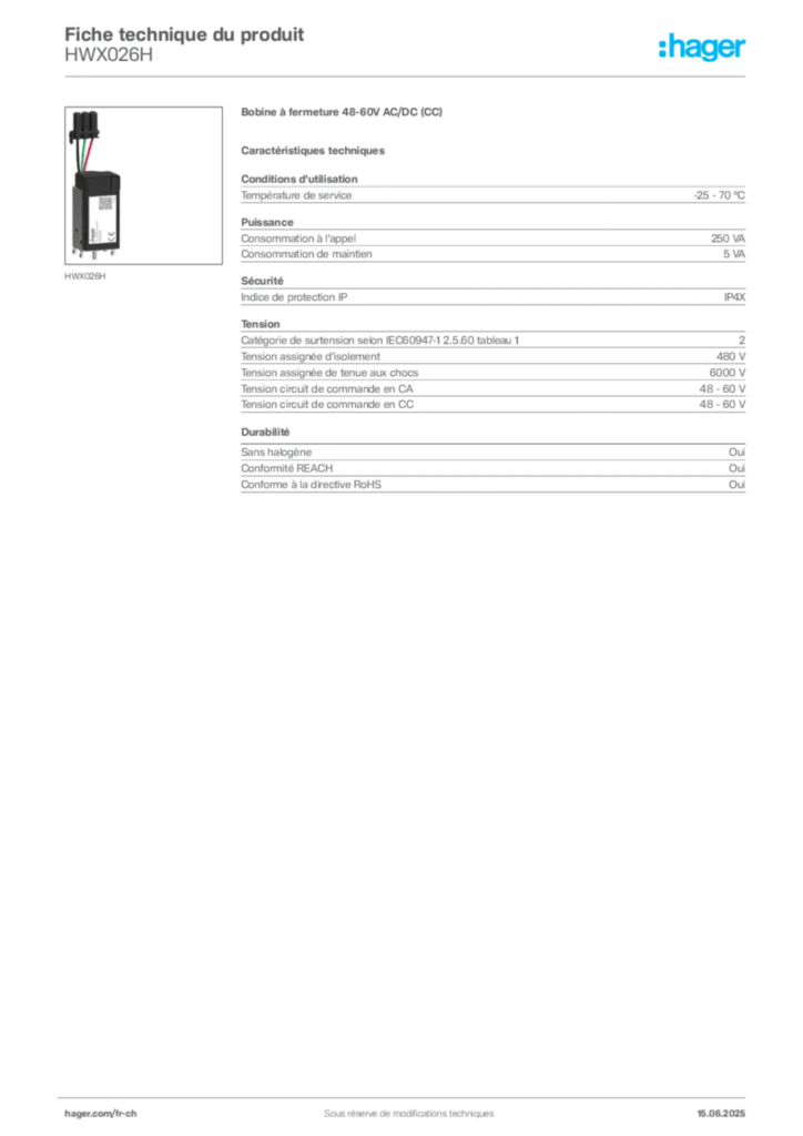 Image Hager Fiche technique du produit HWX026H | Hager Suisse