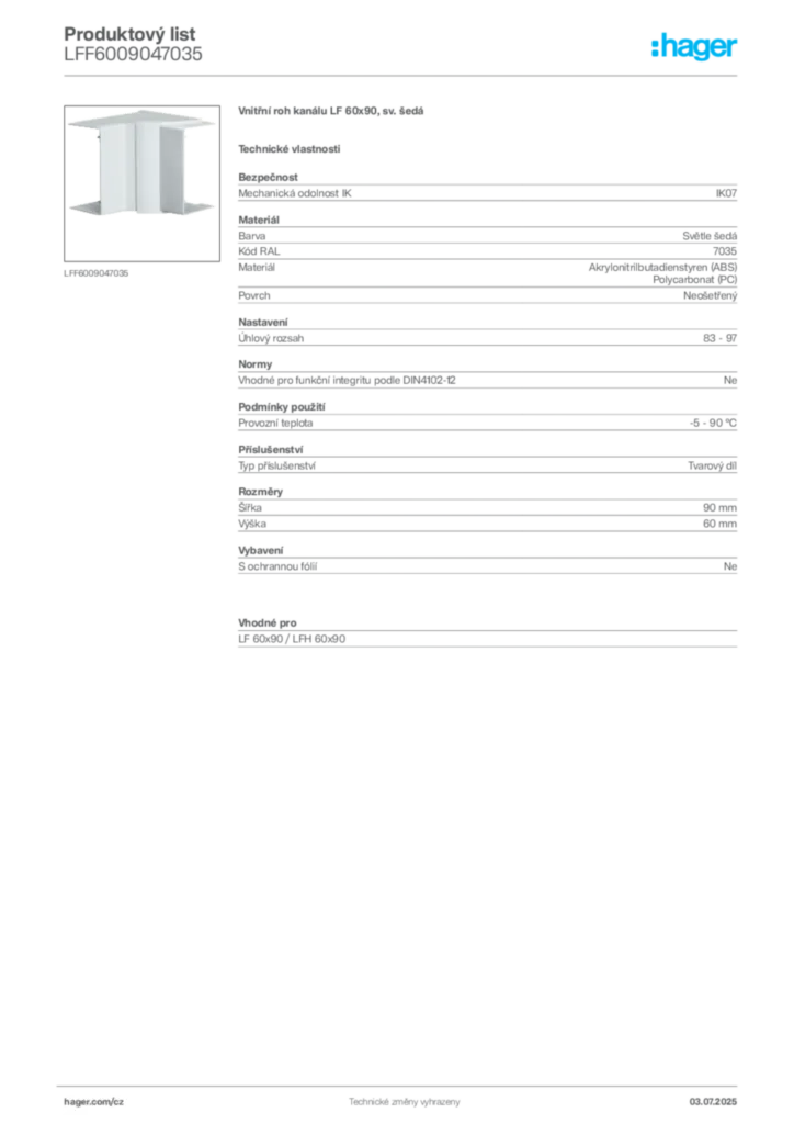 Obrázek Hager Produktový list LFF6009047035 | Hager