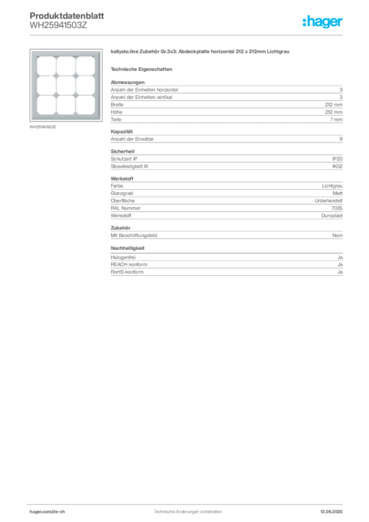 Bild Hager Produktdatenblatt WH25941503Z | Hager Schweiz