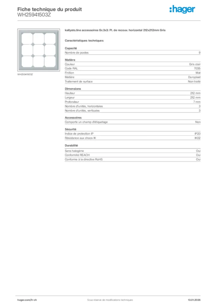 Image Hager Fiche technique du produit WH25941503Z | Hager Suisse