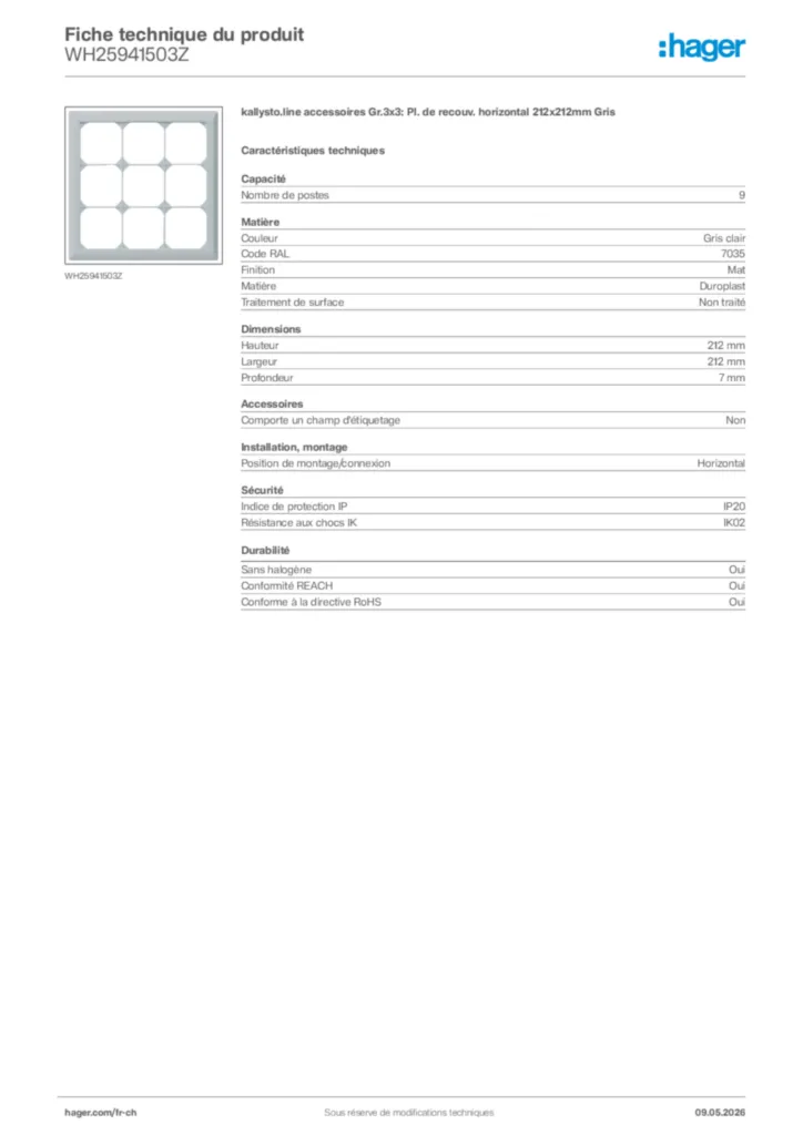 Image Hager Fiche technique du produit WH25941503Z | Hager Suisse
