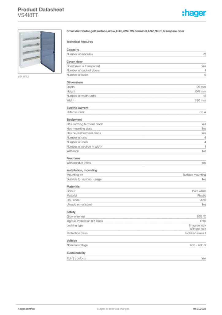 Image Hager Product data sheet VS418TT  | Hager Australia