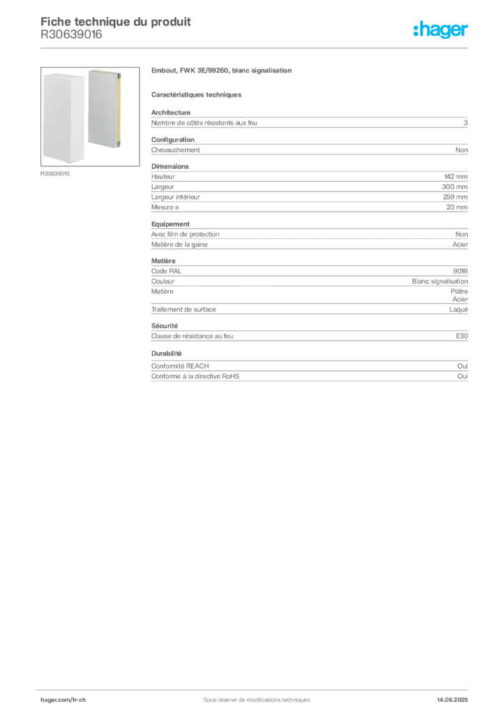 Image Hager Fiche technique du produit R30639016 | Hager Suisse