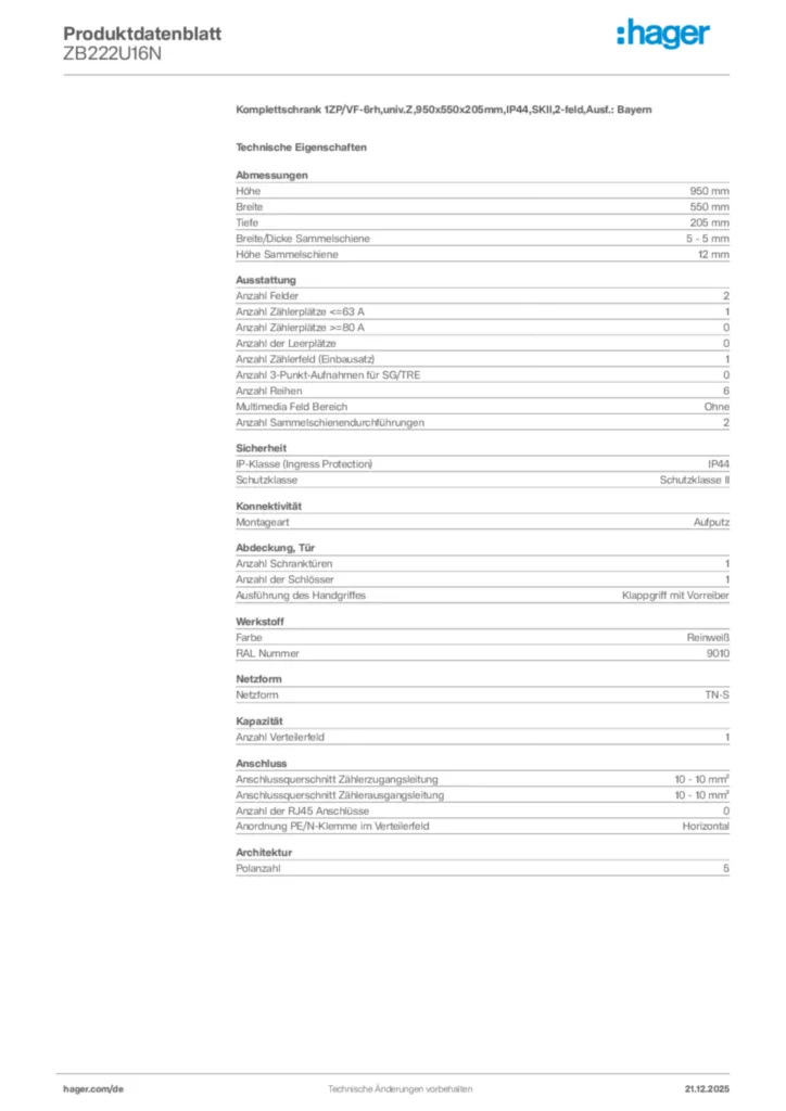 Bild Hager Produktdatenblatt ZB222U16N | Hager Deutschland
