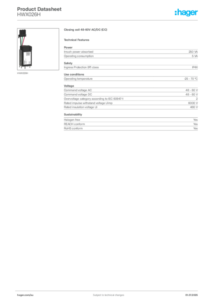 Image Hager Product data sheet HWX026H  | Hager Australia