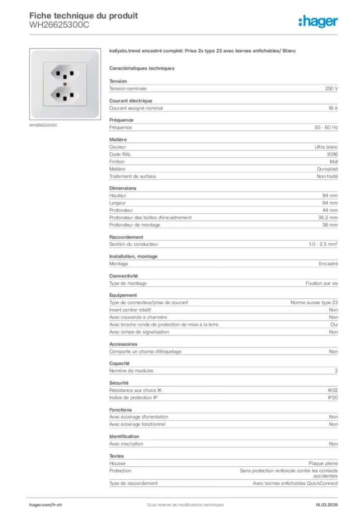 Image Hager Fiche technique du produit WH26625300C | Hager Suisse