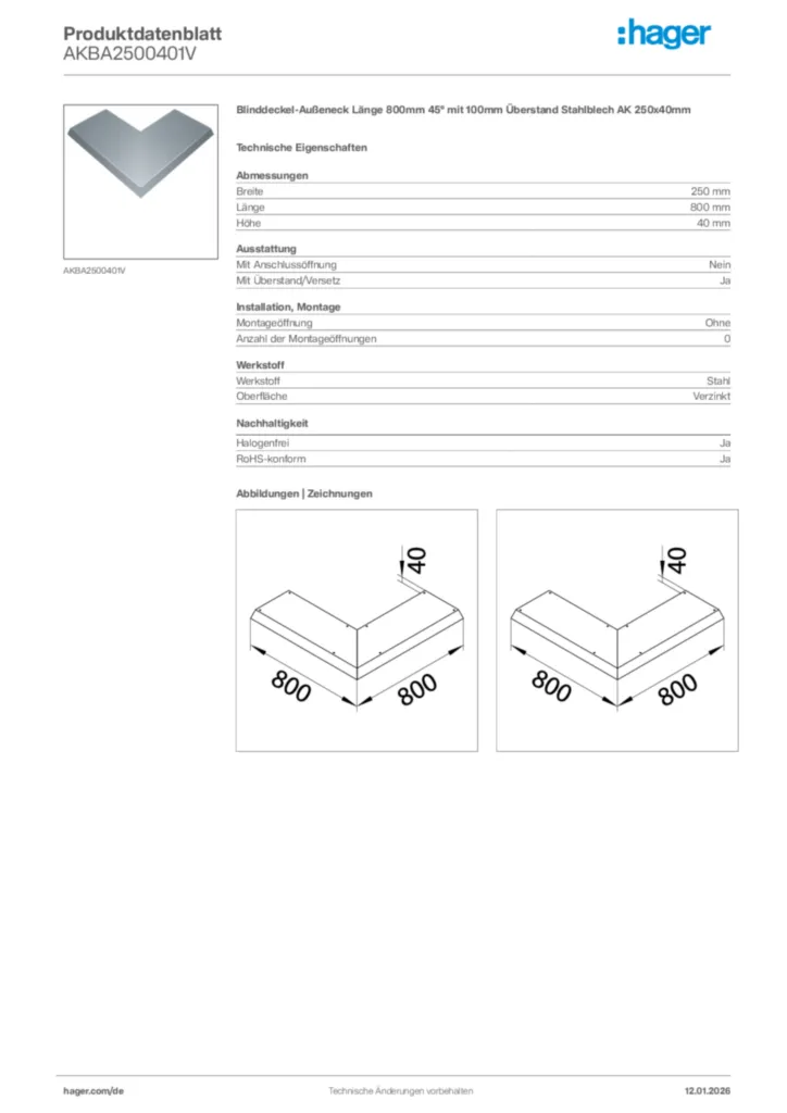 Bild Hager Produktdatenblatt AKBA2500401V | Hager Deutschland