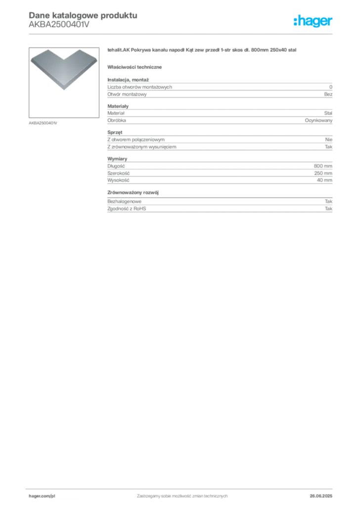 Zdjęcie Hager Dane katalogowe produktu AKBA2500401V | Hager Polska