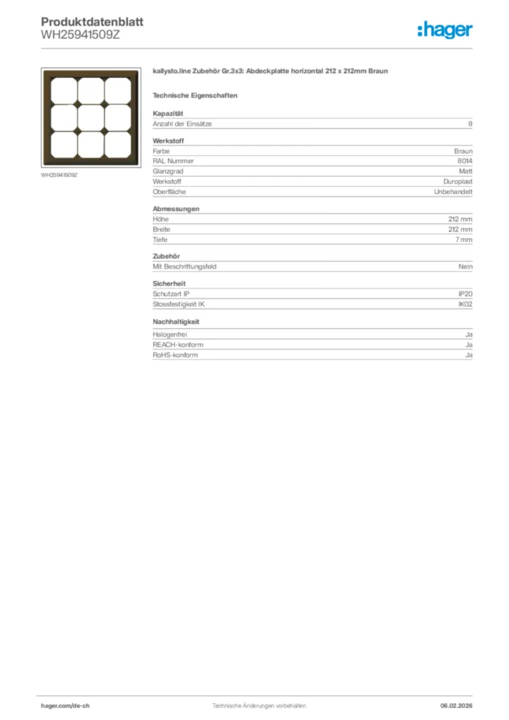 Bild Hager Produktdatenblatt WH25941509Z | Hager Schweiz