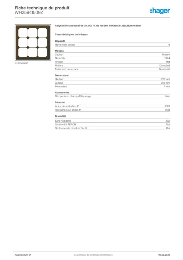 Image Hager Fiche technique du produit WH25941509Z | Hager Suisse