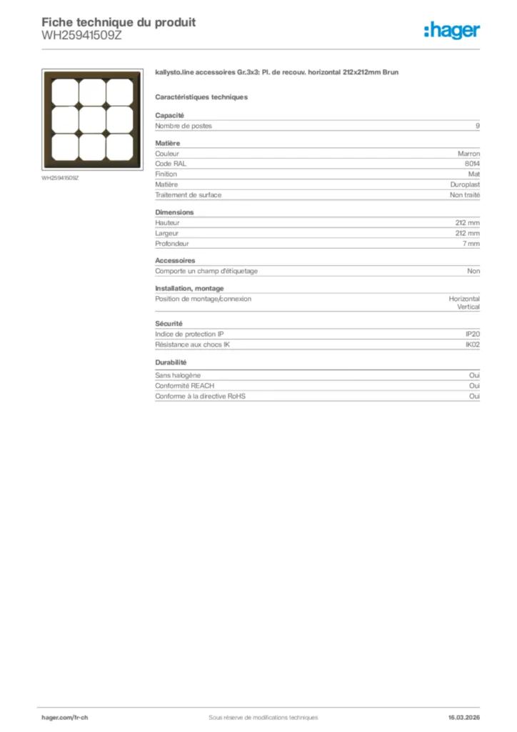 Image Hager Fiche technique du produit WH25941509Z | Hager Suisse