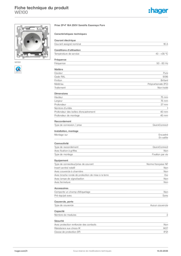 Image Hager Fiche technique du produit WE100 | Hager France