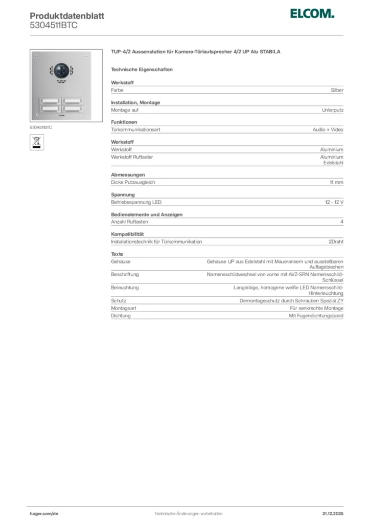 Bild Elcom Produktdatenblatt 5304511BTC | Hager Deutschland