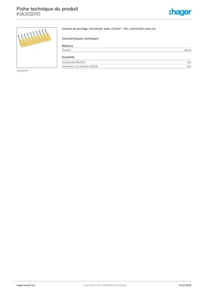 Image Hager Fiche technique du produit KWJ02D10 | Hager Belgique