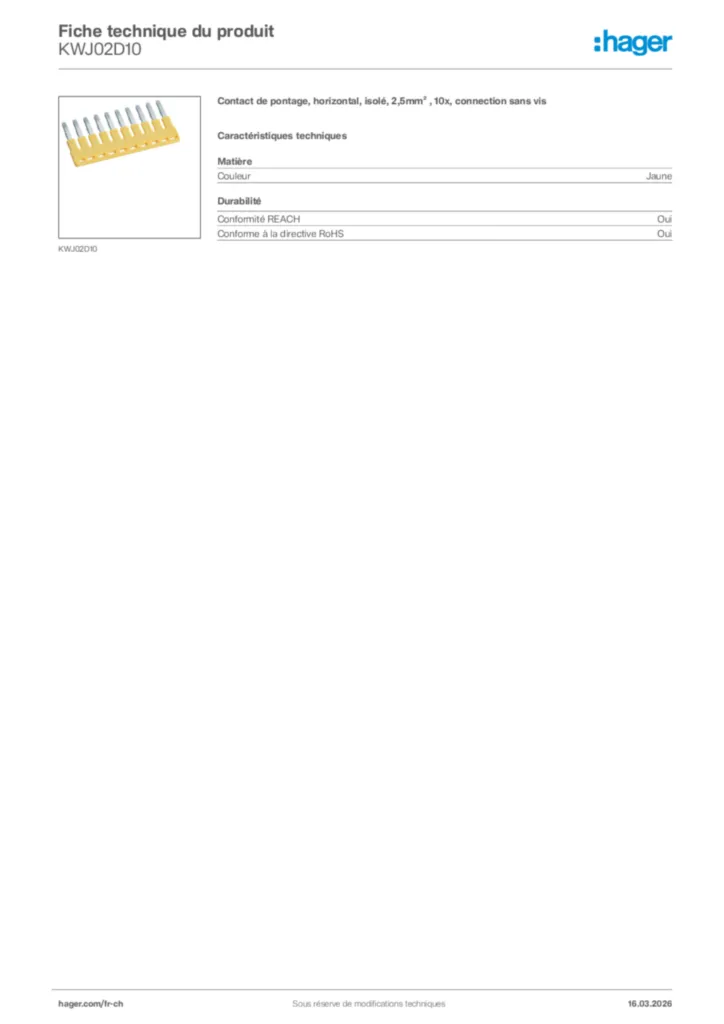 Image Hager Fiche technique du produit KWJ02D10 | Hager Suisse